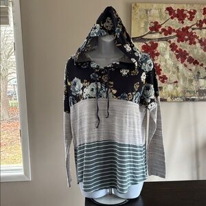 Truself hooded floral striped long sleeve shirt
